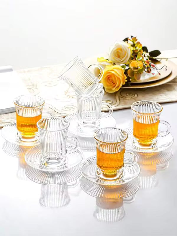 1 Set, Turkish Tea Cup With Saucer Set, Retro Glass Tea Cup Coffee Cup Combination, Includes 6 Cups And 6 Saucers, Slim Waist Design With Thickened Bottom To Prevent Tea From Getting Cold, Suitable For 6 People