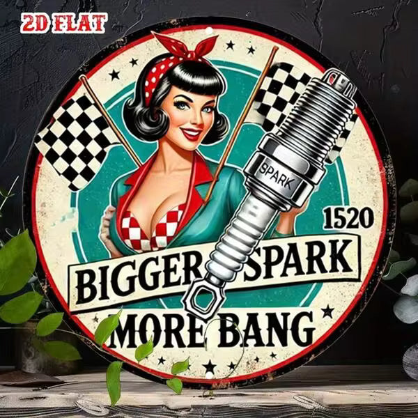2D Flat, 1pc Vintage Racing Car Metal Wall Art - Retro Pin-Up Girl With Checkered & Plug Design,.87x7.87 Inch Round Aluminum Sign Garage, Cafe, Home Decor - No Electricity Needed, Easy To Hang, Garage Decoration, Nostalgic Design, Du